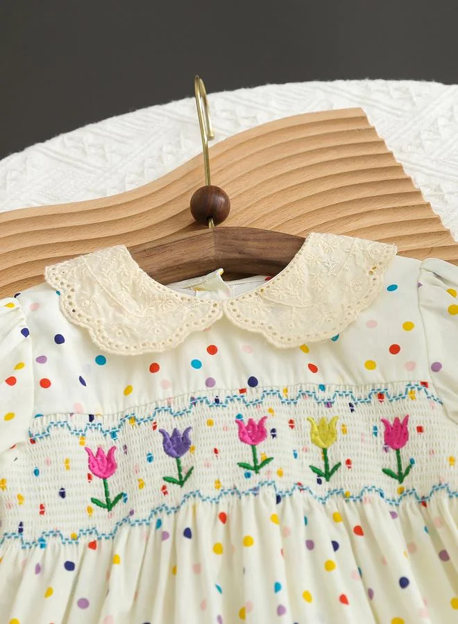 تايك تو Girls Floral Embroidered Smocked A-Line Dress