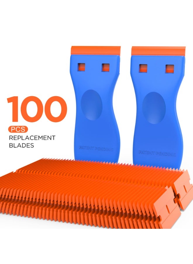 2 Pack Plastic Razor Blade Scraper Kit with 100 Blades – Scratch-Free Decal Sticker Remover for Auto, Window Tint & Vinyl, Blue - Image 4