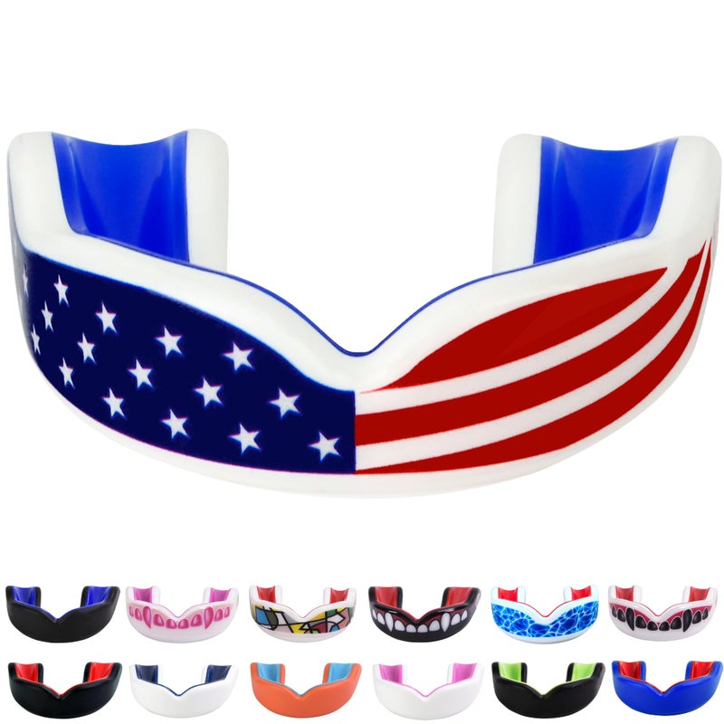 Oral Mart حارس الفم علم الولايات المتحدة الأمريكية من أورال مارت للأطفال - حارس فم رياضي علم أمريكي لكرة القدم الأمريكية، الكاراتيه، الملاكمة، المبارزة، الرجبي، MMA، BJJ، فنون القتال، التايكوندو - Image 1