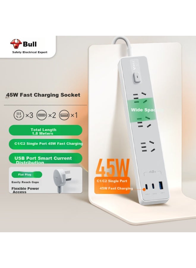 Bull Gallium Nitride 45w Fast Charging Power Strip/extension Cord/power Bar/power Strip/extension Cord, Z Generation, 3-outlet Master Switch, Gn-z1031u45, Dawn Mist White - Image 1