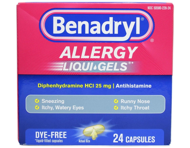 Benadryl بنادريل ليكوي-جيلز دواء مضاد للهستامين للحساسية وتخفيف البرد، خالي من الأصباغ، 24 حبة - Image 1