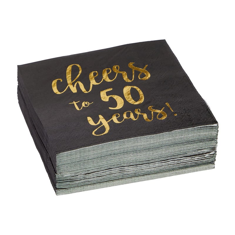 BLUE PANDA 50 Pack Cheers to 50 Years Printed Cocktail Napkins for 50th Birthday and Anniversary - 3-Ply, Black & Gold Foil - Image 4