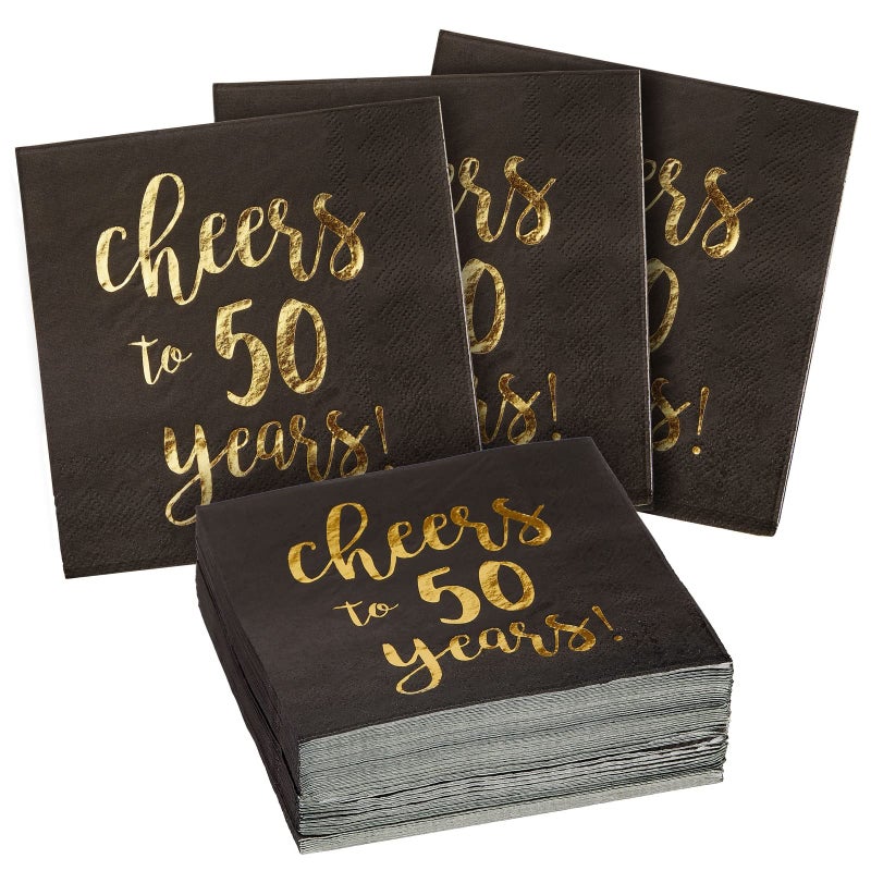 BLUE PANDA 50 Pack Cheers to 50 Years Printed Cocktail Napkins for 50th Birthday and Anniversary - 3-Ply, Black & Gold Foil - Image 1