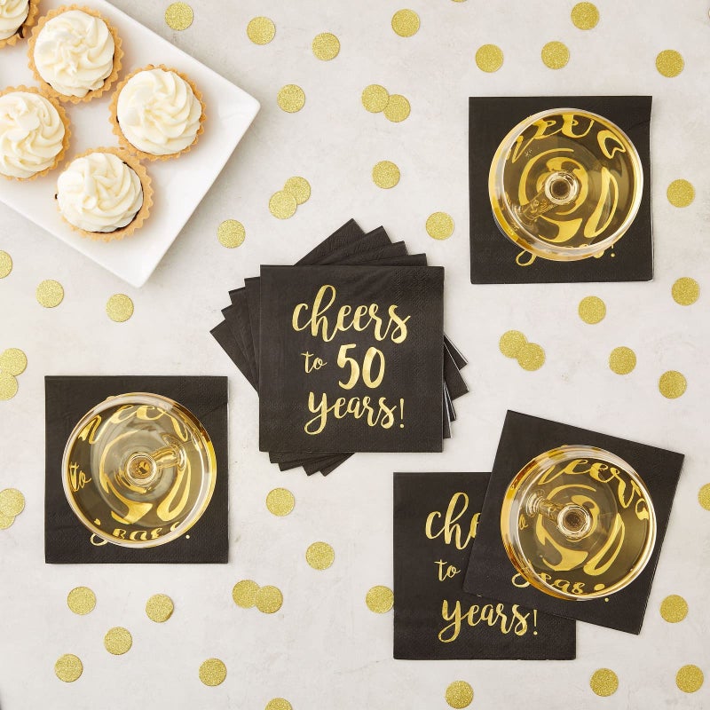 BLUE PANDA 50 Pack Cheers to 50 Years Printed Cocktail Napkins for 50th Birthday and Anniversary - 3-Ply, Black & Gold Foil - Image 2