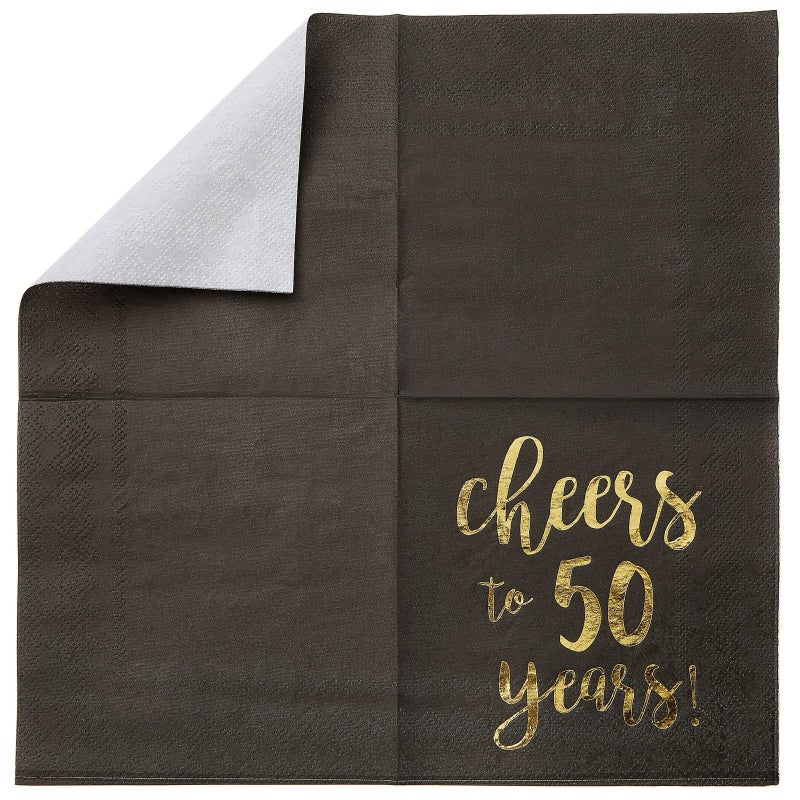 BLUE PANDA 50 Pack Cheers to 50 Years Printed Cocktail Napkins for 50th Birthday and Anniversary - 3-Ply, Black & Gold Foil - Image 5