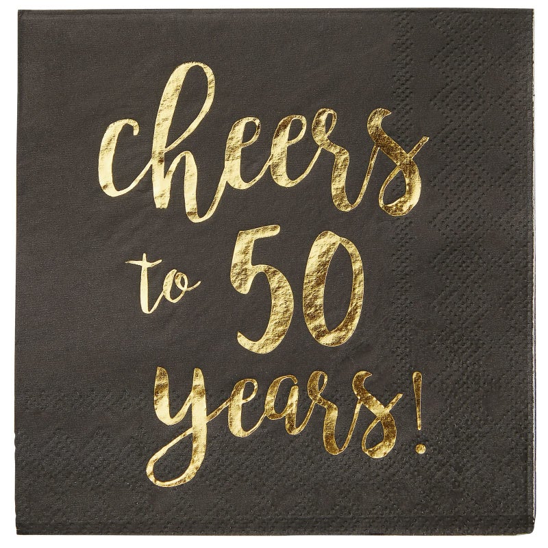 BLUE PANDA 50 Pack Cheers to 50 Years Printed Cocktail Napkins for 50th Birthday and Anniversary - 3-Ply, Black & Gold Foil - Image 3