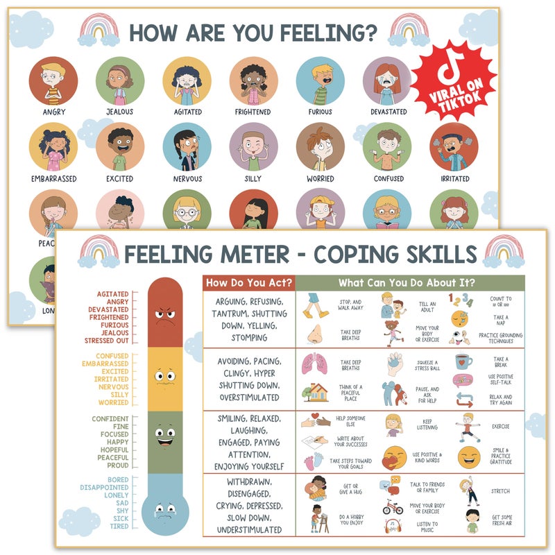 HAMIEW Feelings Chart for Kids - Coping Skills Emotions Chart Poster - Calm Down Corner Supplies - Mental Health Posters for Kids - School Counselor Psychologist Toddler Preschool Homeschool Decoration - Image 1