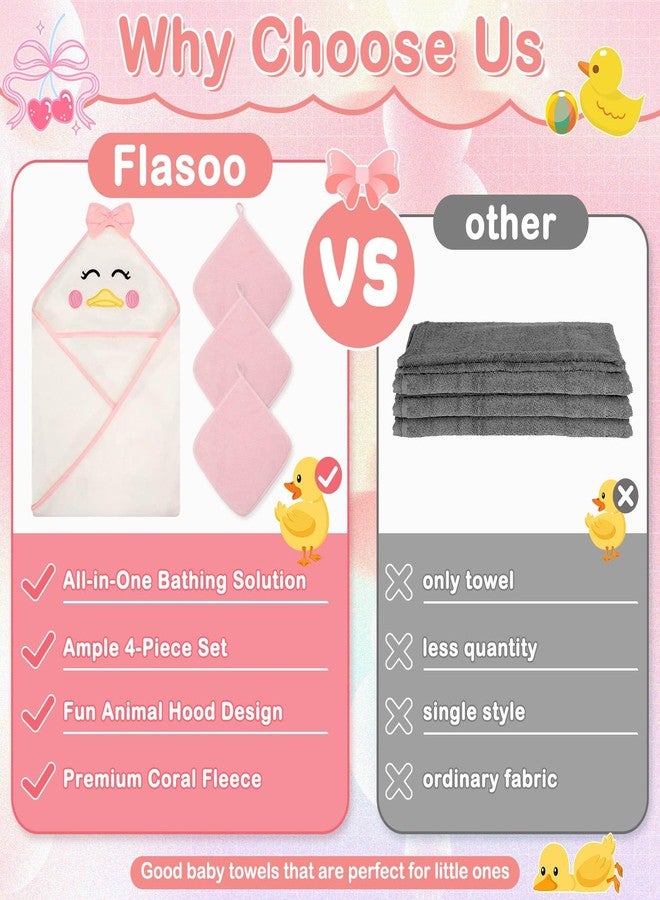 Flasoo 4 PCS Baby Towels Set, Soft Baby Towels and Washcloths Set, 1 Hooded Baby Towel and 3 Baby Washcloths for Newborns, Toddlers, and Kids, 32x32 Baby Towel with Hood for Boy and Girl (Pink Duck) - Image 2