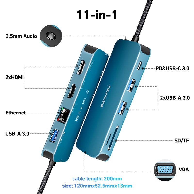 BENFEI 11-in-1 USB C Hub Triple Display Docking Station Dual HDMI, VGA, 3*USB 3.0, 1Gbps Ethernet, 100W Power Delivery, SD/TF Card Reader, 3.5mm AUX Audio Compatible with MacBook XPS Surface - Image 2