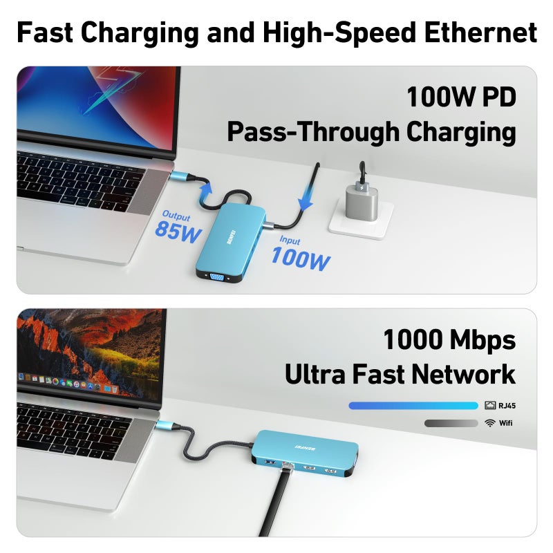 BENFEI 11-in-1 USB C Hub Triple Display Docking Station Dual HDMI, VGA, 3*USB 3.0, 1Gbps Ethernet, 100W Power Delivery, SD/TF Card Reader, 3.5mm AUX Audio Compatible with MacBook XPS Surface - Image 3