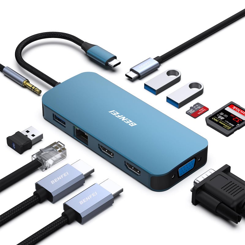 BENFEI 11-in-1 USB C Hub Triple Display Docking Station Dual HDMI, VGA, 3*USB 3.0, 1Gbps Ethernet, 100W Power Delivery, SD/TF Card Reader, 3.5mm AUX Audio Compatible with MacBook XPS Surface - Image 1