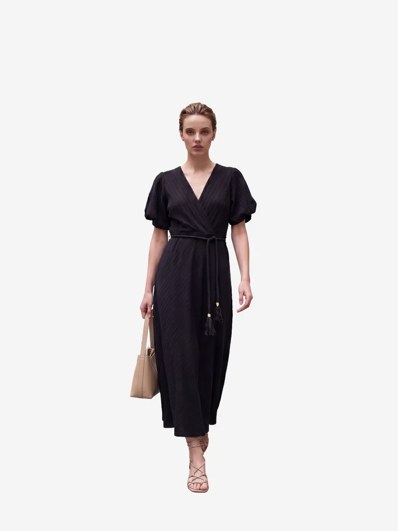 MY FASHION MY FASHION Belted V-Neck Maxi Wrap Dress