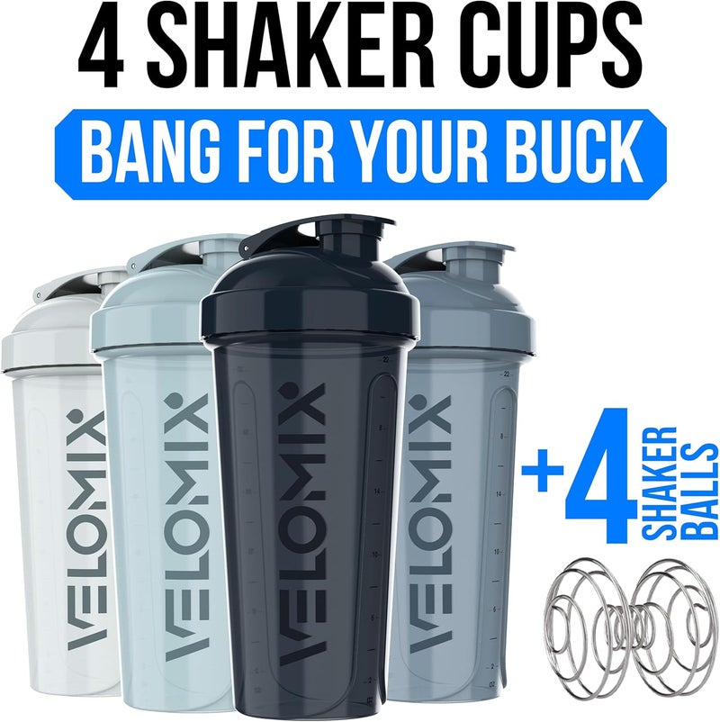 VELOMIX -4 PACK- 28 oz Shaker Cups for Protein Shakes - 4x Wire Whisk | Leak Proof Protein Shaker Bottles for Protein Mixes | Protein Shaker Bottle Pack | Mixer for Protein Shakes - Image 2