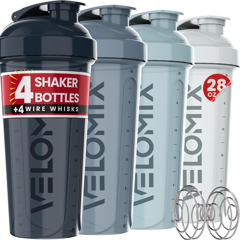 VELOMIX -4 PACK- 28 oz Shaker Cups for Protein Shakes - 4x Wire Whisk | Leak Proof Protein Shaker Bottles for Protein Mixes | Protein Shaker Bottle Pack | Mixer for Protein Shakes - Image 1