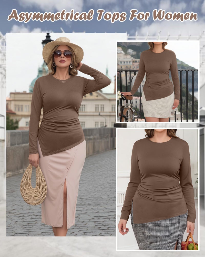 Evervibe Women's Plus Size Long Sleeve Shirt Ruched Split Side Tunic Crewneck Slim Fit T-Shirt Basic Casual Going Out Top(Coffee,XX-Large) - Image 5