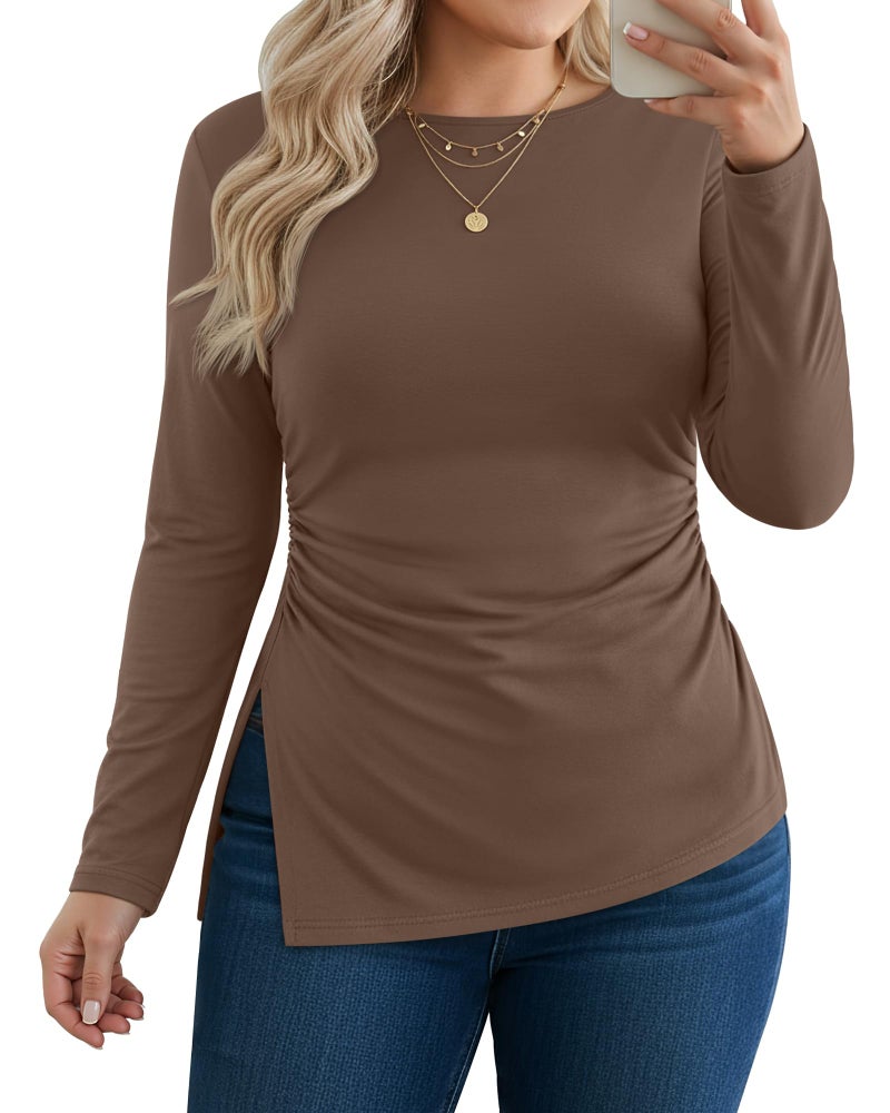 Evervibe Women's Plus Size Long Sleeve Shirt Ruched Split Side Tunic Crewneck Slim Fit T-Shirt Basic Casual Going Out Top(Coffee,XX-Large) - Image 1