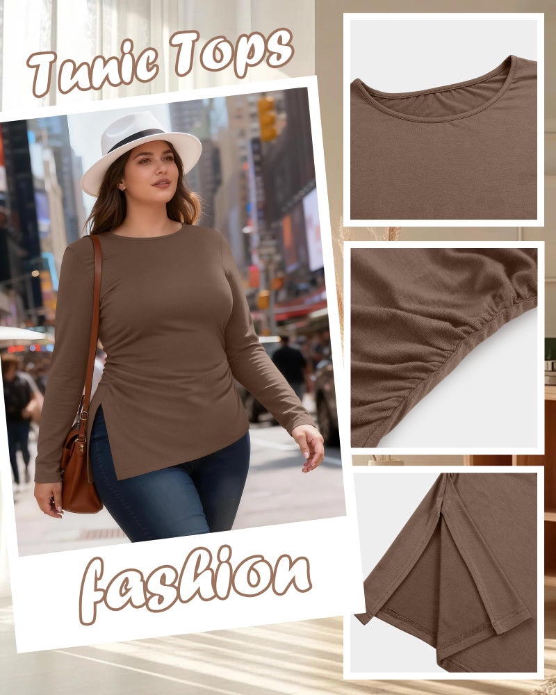 Evervibe Women's Plus Size Long Sleeve Shirt Ruched Split Side Tunic Crewneck Slim Fit T-Shirt Basic Casual Going Out Top(Coffee,XX-Large) - Image 4