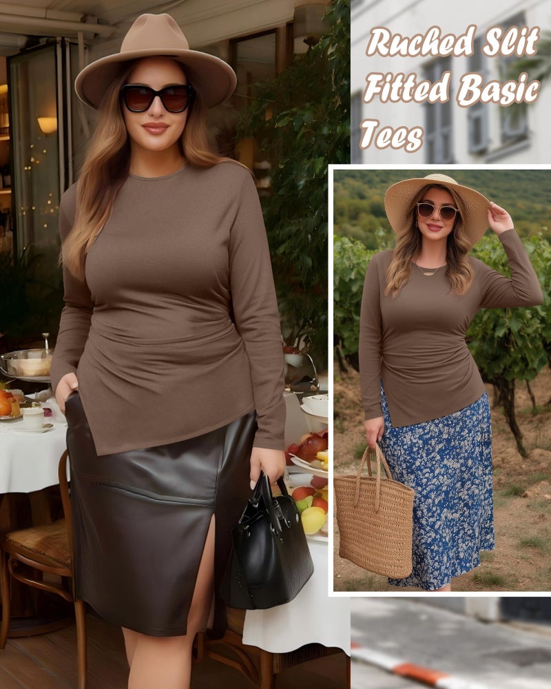 Evervibe Women's Plus Size Long Sleeve Shirt Ruched Split Side Tunic Crewneck Slim Fit T-Shirt Basic Casual Going Out Top(Coffee,XX-Large) - Image 2
