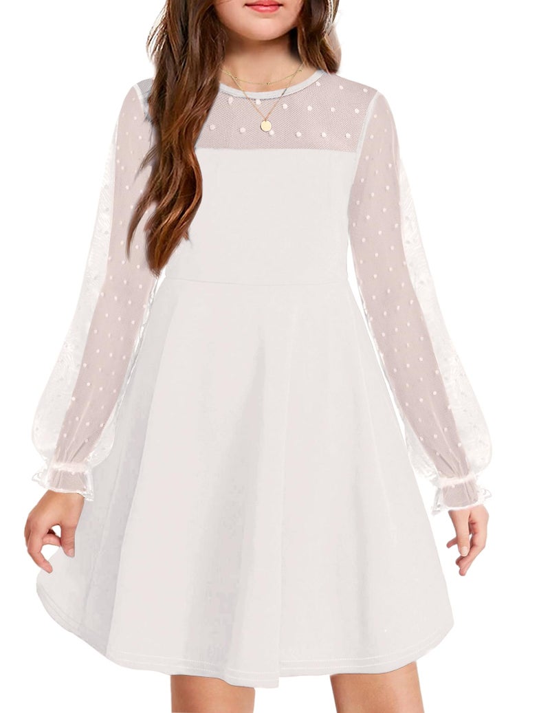 Arshiner Girl's Sheer Mesh Lantern Long Sleeve White Wedding High Waist Elegant Party Short Dress 11-12 Years - Image 1