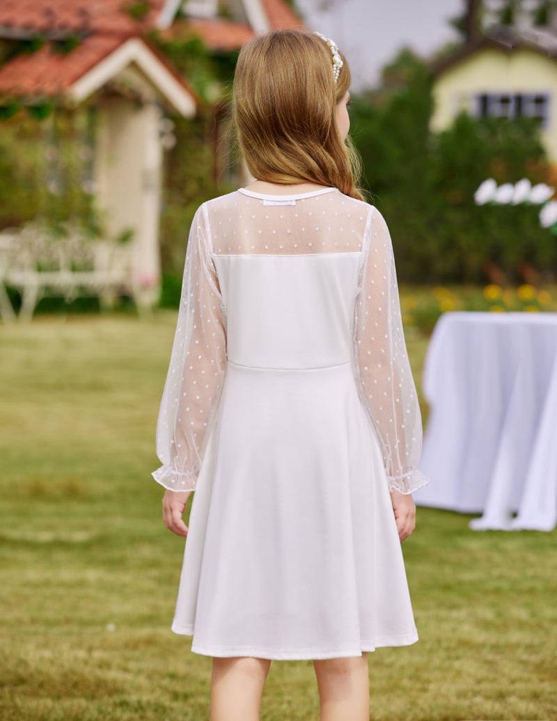 Arshiner Girl's Sheer Mesh Lantern Long Sleeve White Wedding High Waist Elegant Party Short Dress 11-12 Years - Image 3