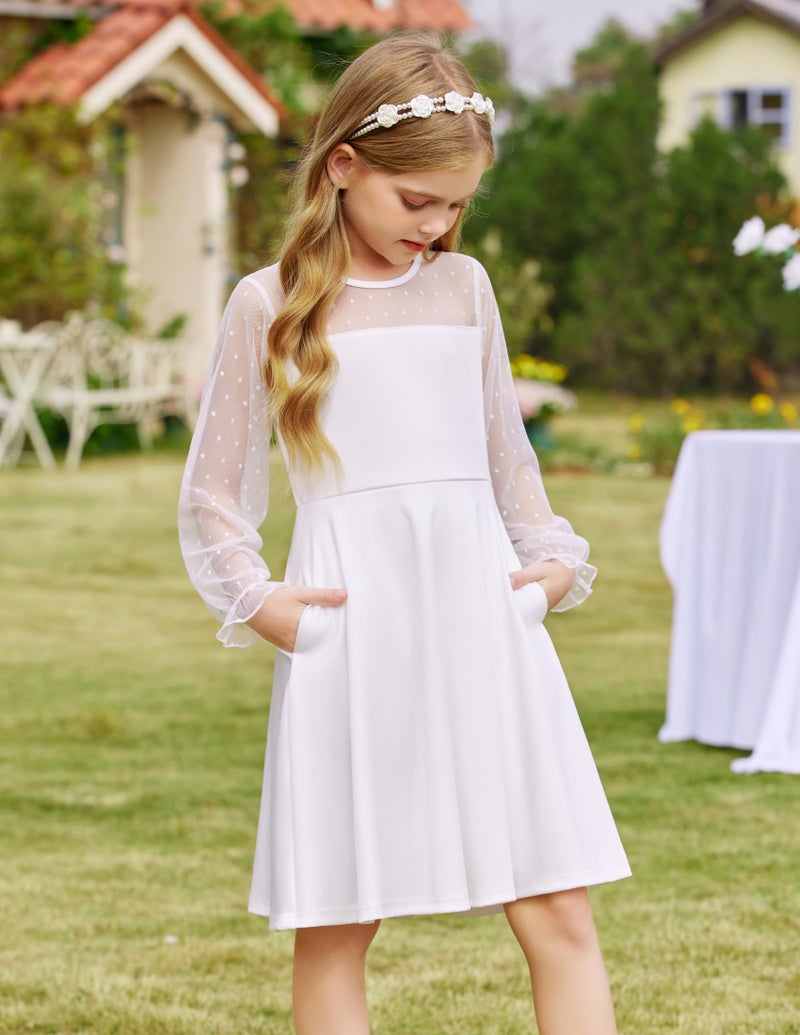 Arshiner Girl's Sheer Mesh Lantern Long Sleeve White Wedding High Waist Elegant Party Short Dress 11-12 Years - Image 4