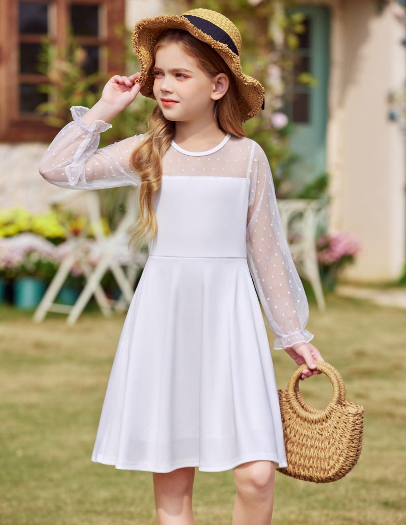 Arshiner Girl's Sheer Mesh Lantern Long Sleeve White Wedding High Waist Elegant Party Short Dress 11-12 Years - Image 2