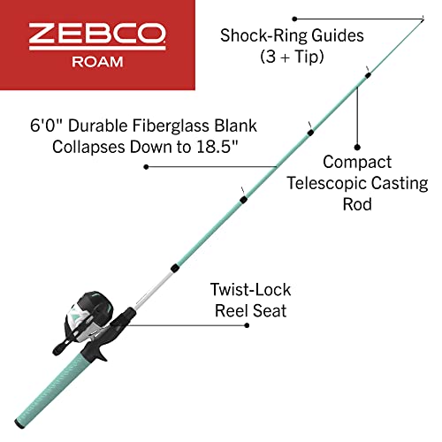 Zebco مجموعة بكرة صيد زيبكو روم وبكرة صيد تلسكوبية، قضيب صيد تلسكوب قابل للتمديد من 18.5 بوصة إلى 6 أقدام مع مقبض قضيب مريح، بكرة صيد مضادة للعكس، لون البحر، 30 - Image 2