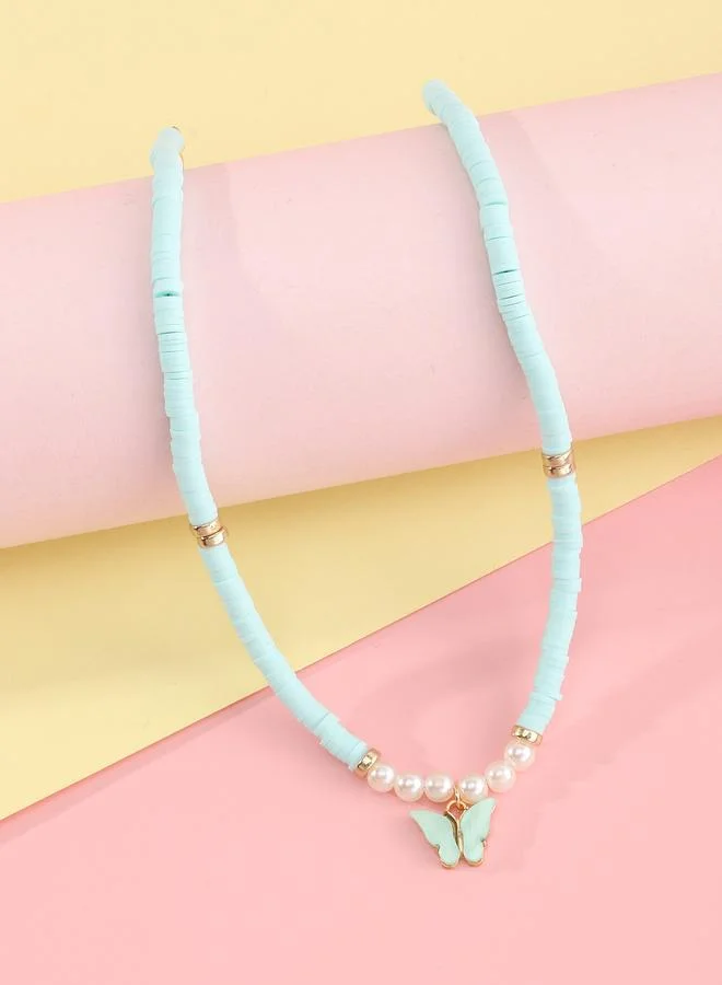 Girls Blue Butterfly and Pearl Pendant Necklace