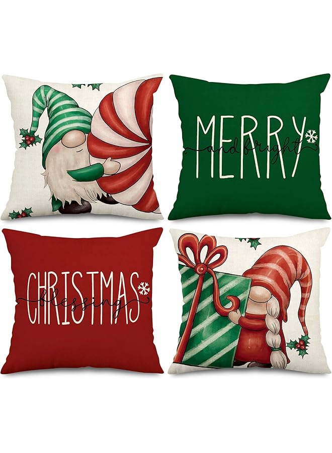 The Bros Christmas Pillow Covers Christmas Gnome Throw Pillow Case 18 x 18 Inch Decorative Red Green Merry Christmas Cushion Cover for Home Couch Sofa Farmhouse Decor, Set of 4 (AD0604) - Image 1