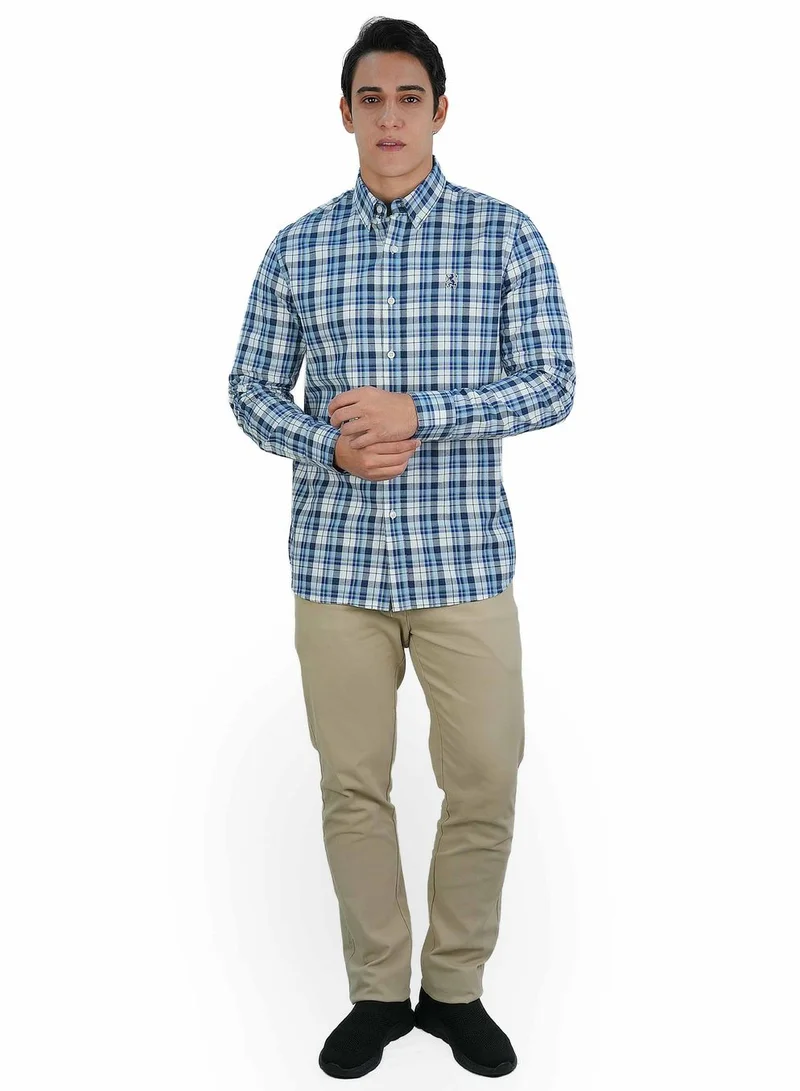 GIORDANO Men's Cotton Oxford Shirt - Small Lion Embroidery, Slim Fit, Full Button