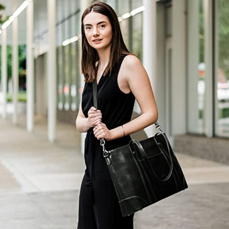 S-ZONE Leather Tote Bag for Women Office Shoulder Handbag 15.6 Inch Work Laptop Briefcase - Image 3