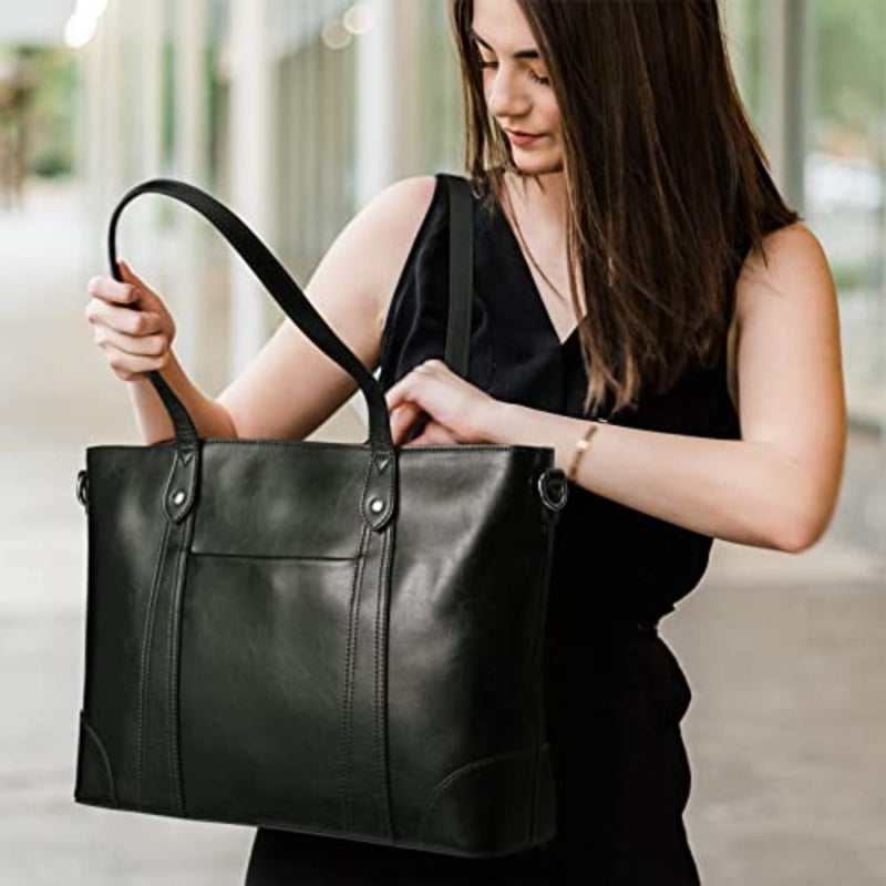 S-ZONE Leather Tote Bag for Women Office Shoulder Handbag 15.6 Inch Work Laptop Briefcase - Image 2