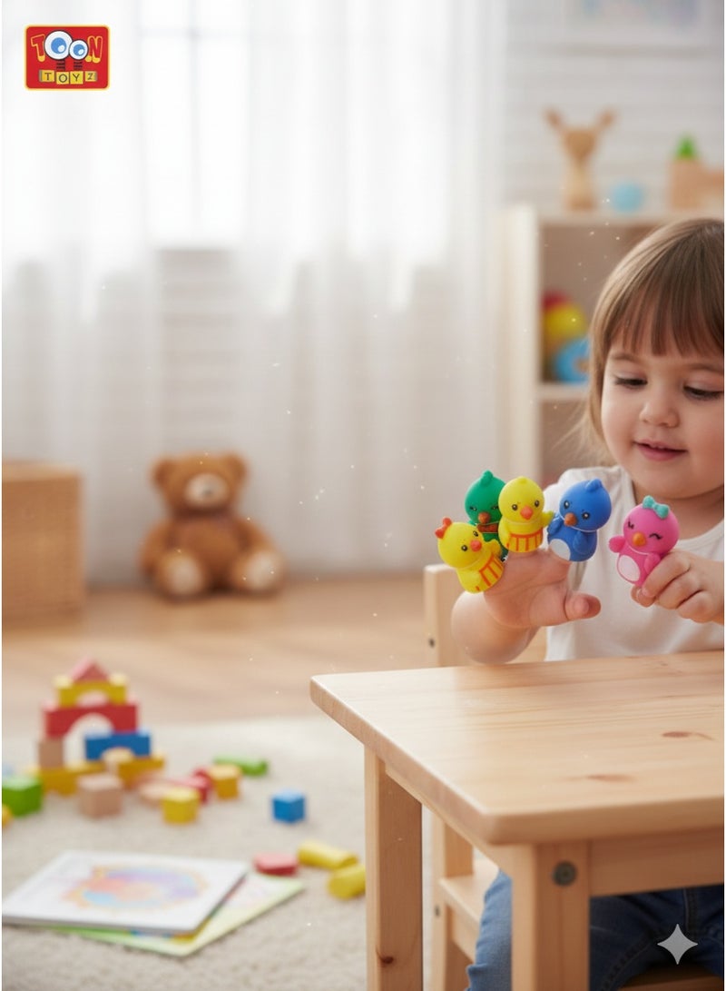 Toon Toyz 5-Piece Cute Chicks / Bird Finger Puppets Set - Soft Rubber Colorful Animal Toys for Kids - Image 2