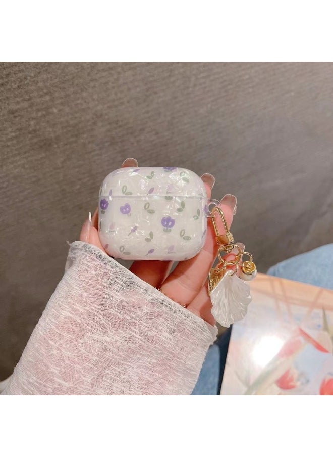 Generic - Suitable For AirPods 4 Headset Protective Cover Cartoon Shell Pattern For Apple1/2/3 Generation Pro2 Bluetooth Pendant Bracelet-Color:Shell Pattern Shell Pendant-purple Flowers-Model:AirPods Pro (protective Sleeve) - Image 1