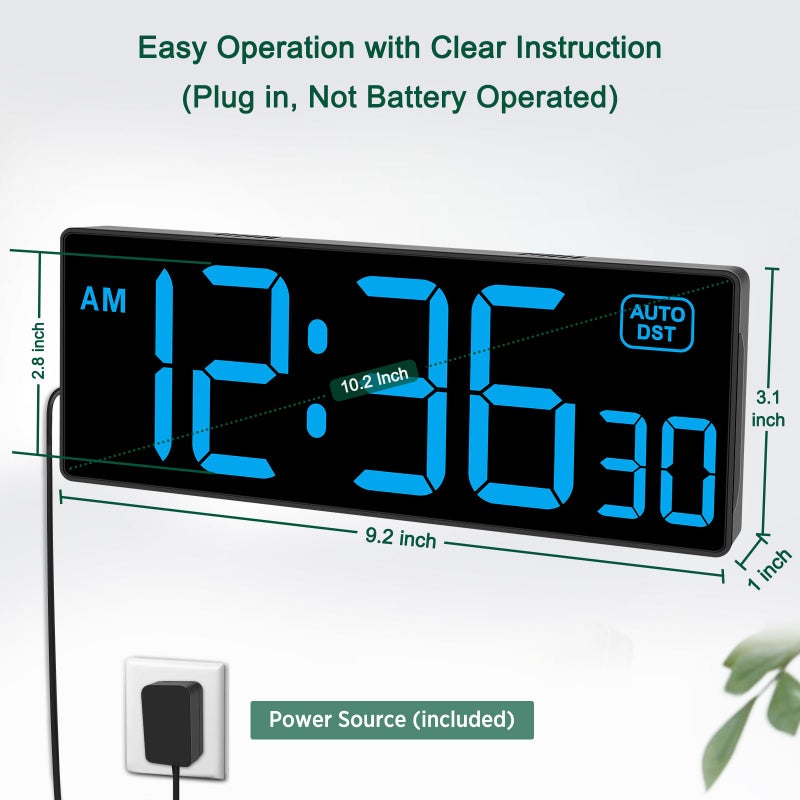 Soobest LED Wall Clock Digital Clock with Seconds, Electric Plug in Large Big Numbers Clock 5 Dimmers Wall Mount for Living Room, Auto DST, 10 Inches (Blue) - Image 3