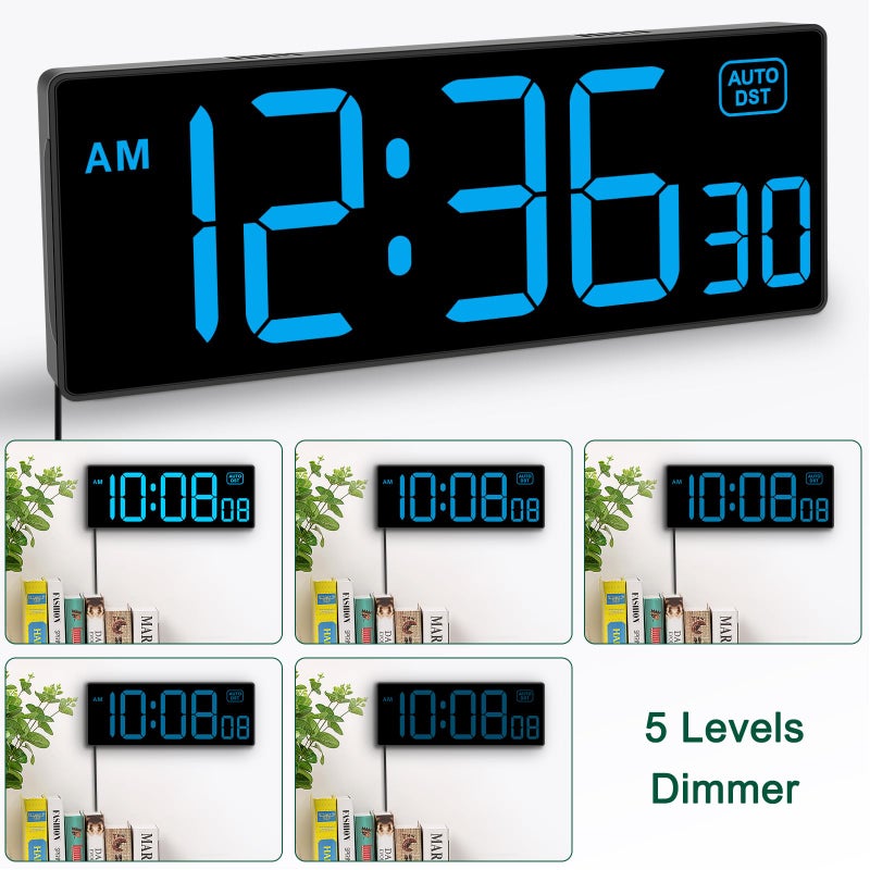 Soobest LED Wall Clock Digital Clock with Seconds, Electric Plug in Large Big Numbers Clock 5 Dimmers Wall Mount for Living Room, Auto DST, 10 Inches (Blue) - Image 4