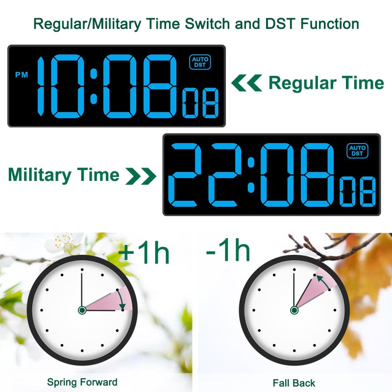 Soobest LED Wall Clock Digital Clock with Seconds, Electric Plug in Large Big Numbers Clock 5 Dimmers Wall Mount for Living Room, Auto DST, 10 Inches (Blue) - Image 5
