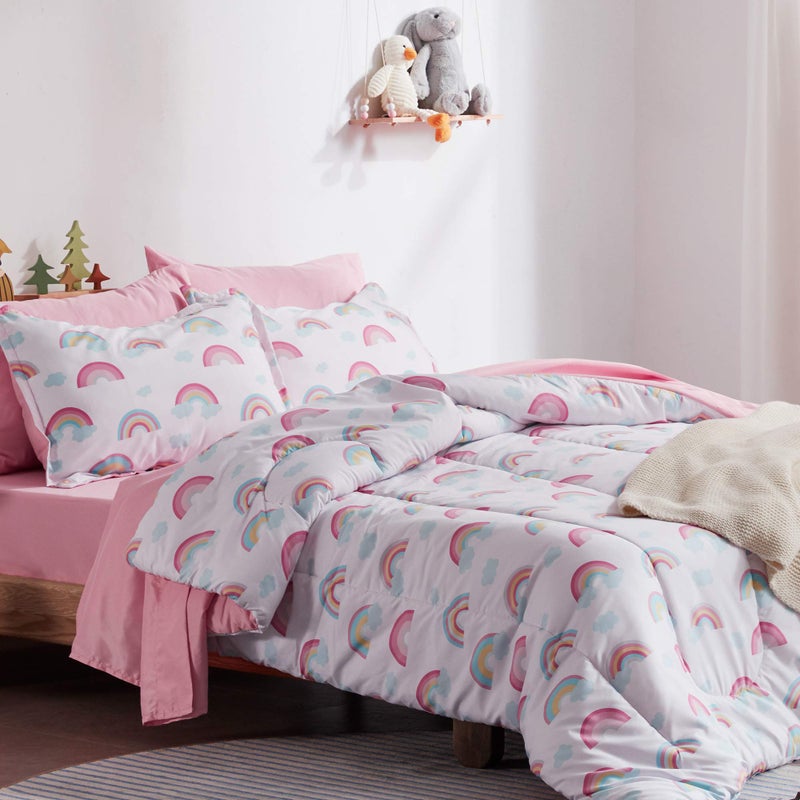 SLEEP ZONE Kids Bedding Comforter Set FullQueen Size  Super Cute  Soft Kids Bedding 7 Pieces Set with Comforter Sheet Pillowcase  Sham Pink Rainbow
