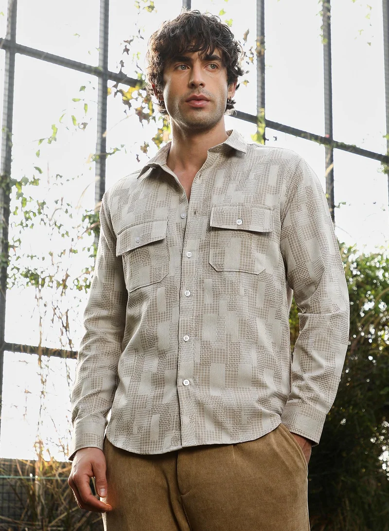 CAHOOT Men's Sand Beige Geometric Regular Shirt For Casual Wear | Collared Neck | Long Sleeve | Button Closure | Cotton Blend Shirt Crafted With Comfort Fit For Everyday Wear