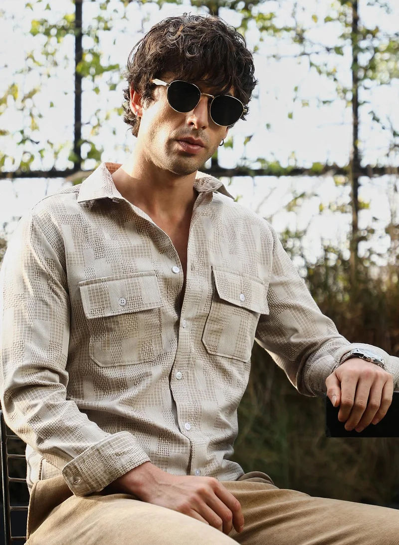 CAHOOT Men's Sand Beige Geometric Regular Shirt For Casual Wear | Collared Neck | Long Sleeve | Button Closure | Cotton Blend Shirt Crafted With Comfort Fit For Everyday Wear