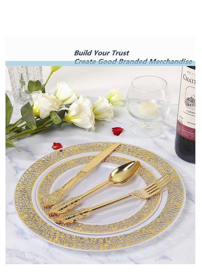 Cutlery Set 175 Pcs Upscale Wedding Dining Party Disposable Plastic Hollow-carved Party Dinnerware Supplies Plate Spoon Fork Knife Cup Tissue Party Tableware Suitable 25 Guests (Gold） - Image 5