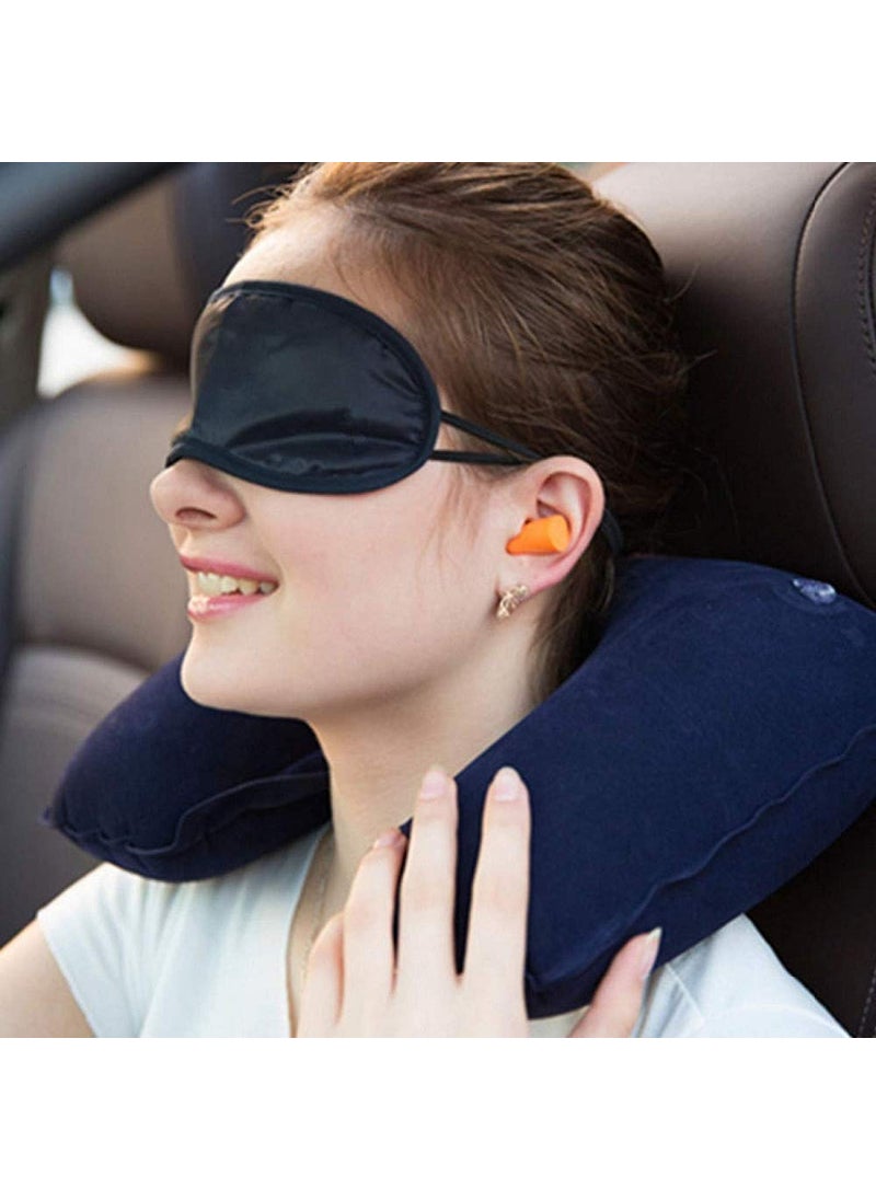 N M Z - N M Z Fabric 3 in 1 Inflatable Head Rest Travel Cushion Neck Pillow with Ear Plug and Eye Mask Set (Multicolour, 18 x 11 x 2.5 cm) - Image 1