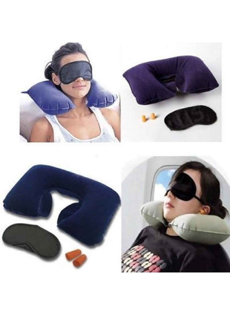 N M Z - N M Z Fabric 3 in 1 Inflatable Head Rest Travel Cushion Neck Pillow with Ear Plug and Eye Mask Set (Multicolour, 18 x 11 x 2.5 cm) - Image 1