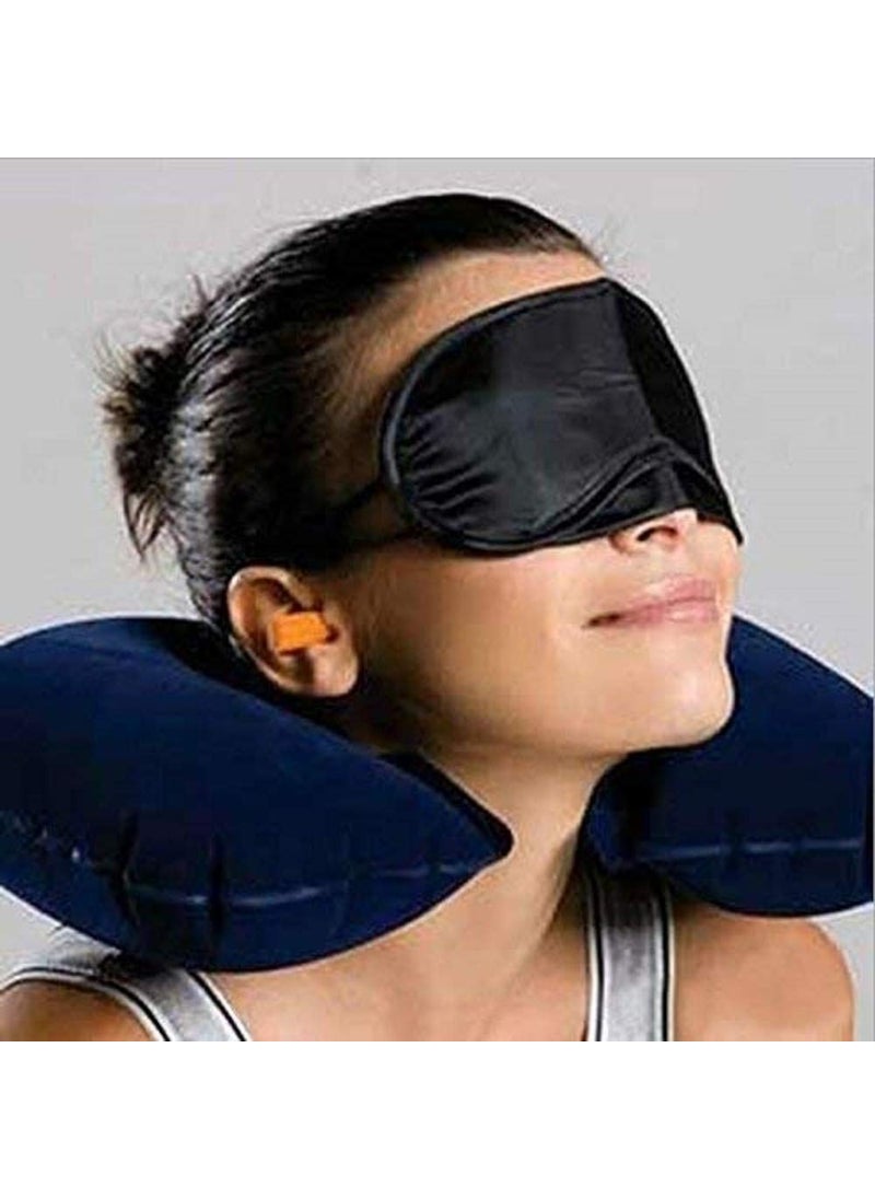 N M Z - N M Z Fabric 3 in 1 Inflatable Head Rest Travel Cushion Neck Pillow with Ear Plug and Eye Mask Set (Multicolour, 18 x 11 x 2.5 cm) - Image 1