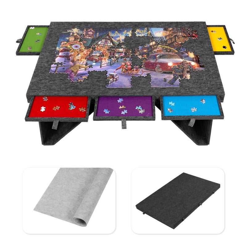Tektalk Felt Jigsaw Puzzle Board with 5 Colored Drawers, Portable Puzzle Table for Adults, Super Lightweight Plateau with Cover, Storing for 1500, 1000, 500 Jigsaw Puzzle Pieces (Dark Gray) - Image 1