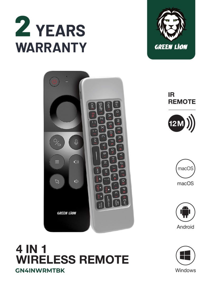 GREEN LION 4 in 1 Wireless Remote with Wireless Keyboard / Air mouse / IR Remote / Voice control / 12m Control Range / 20 Days Working Time / ABS Material / 1200 DPI / 58 Keys / Type-C Charging Port - Black - Image 1