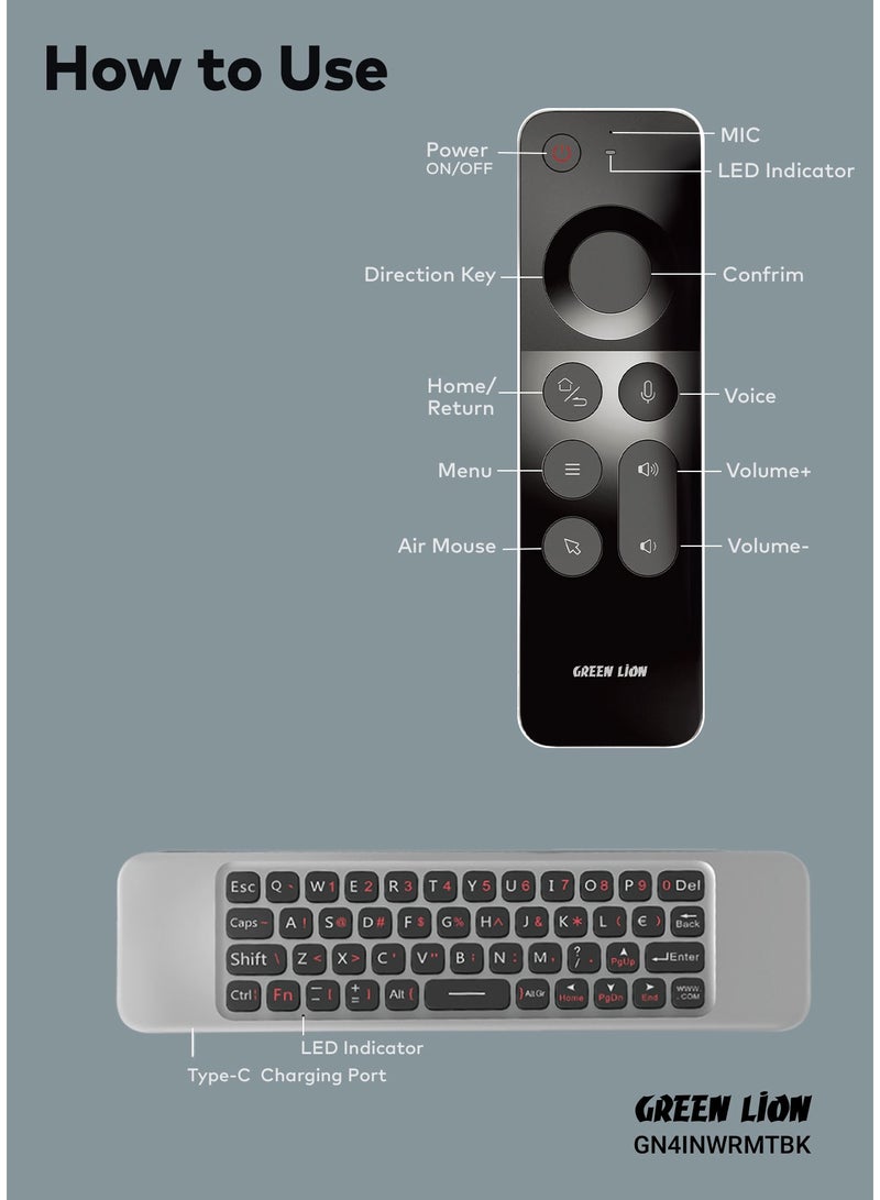 GREEN LION 4 in 1 Wireless Remote with Wireless Keyboard / Air mouse / IR Remote / Voice control / 12m Control Range / 20 Days Working Time / ABS Material / 1200 DPI / 58 Keys / Type-C Charging Port - Black - Image 2