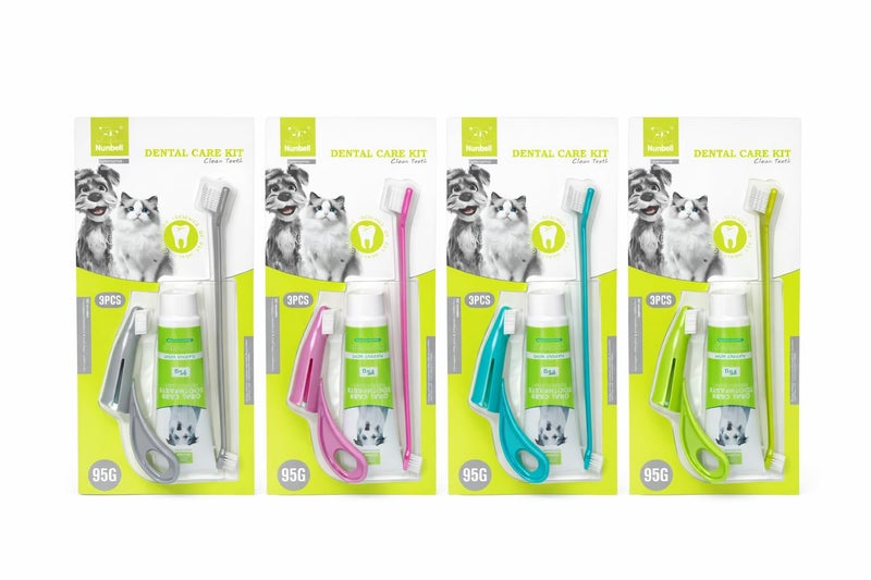 Nunbell Pet Dental Care Kit, 3 Pieces, Dog and Cat Toothbrush Set with Toothpaste (Green)