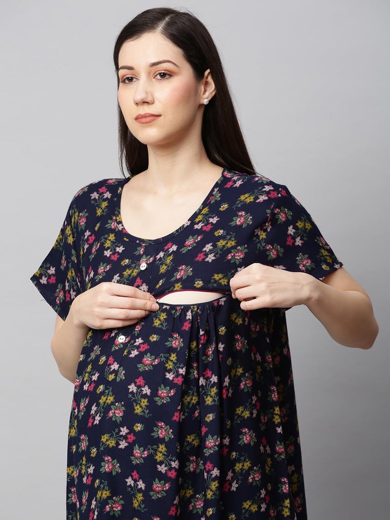 MomToBe Women's Blended Floral Maxi Maternity/Feeding Nighty (2003mtbnblflrfn-Free, Oxford Blue, Free Size) - Image 5