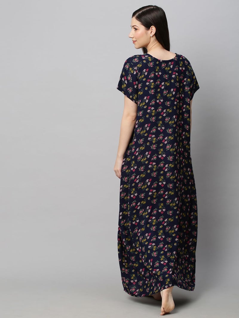 MomToBe Women's Blended Floral Maxi Maternity/Feeding Nighty (2003mtbnblflrfn-Free, Oxford Blue, Free Size) - Image 4